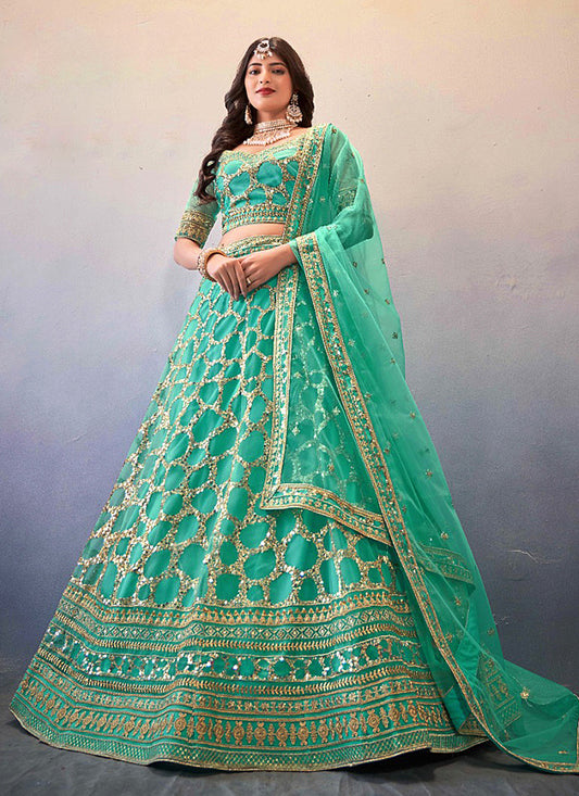 Aquamarine Net Sequins Designer Lehenga Choli