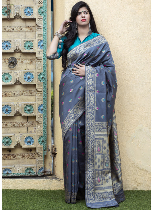 Slate Grey Banarasi Silk Weaving Saree