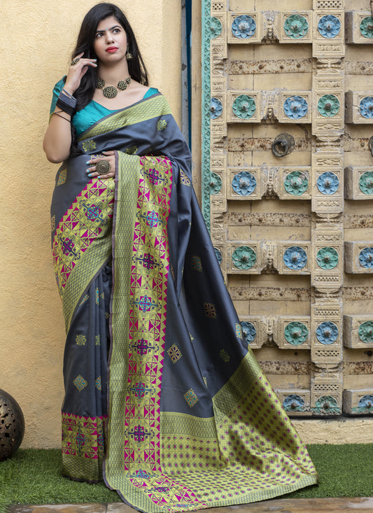 Slate Grey Banarasi Silk Weaving Saree