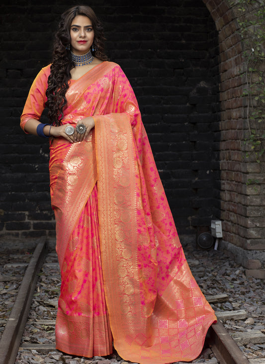 Coral Pink Banarasi Silk Weaving Saree