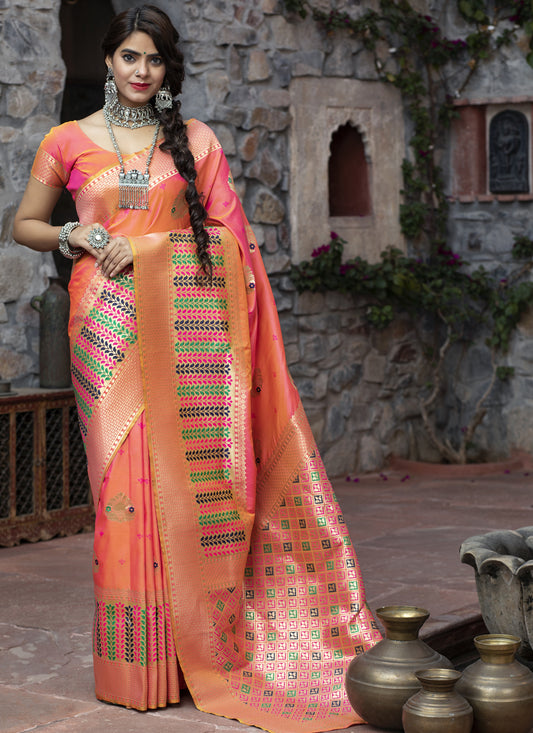 Peach Banarasi Silk Weaving Saree