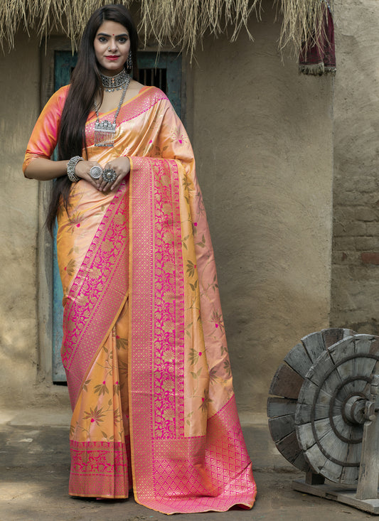 Apricot Banarasi Silk Weaving Saree