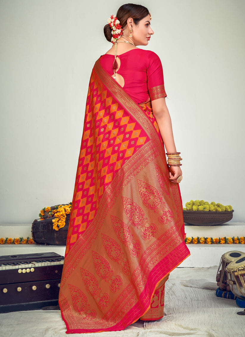 Gajari and Orange Banarasi Silk Zari Weaving Saree