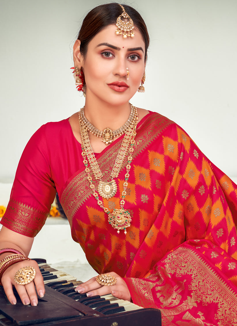 Gajari and Orange Banarasi Silk Zari Weaving Saree