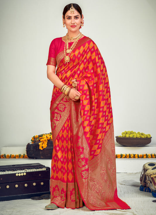 Gajari and Orange Banarasi Silk Zari Weaving Saree