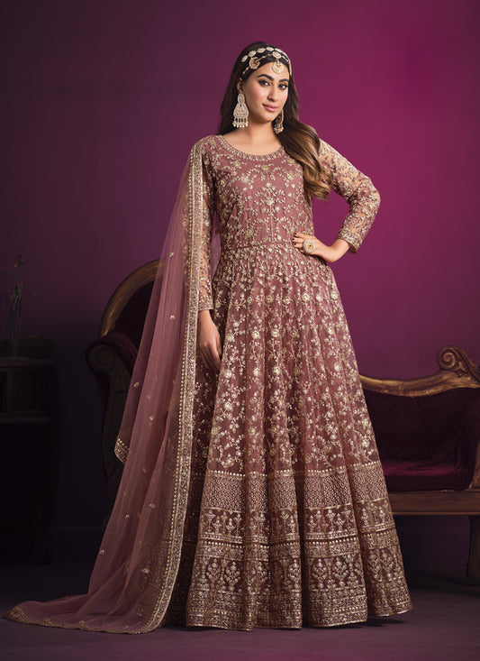 Rouge Pink Net Embroidered Designer Anarkali Dress