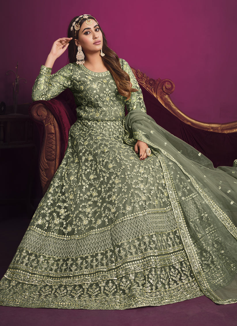 Sage Green Net Embroidered Designer Anarkali Dress