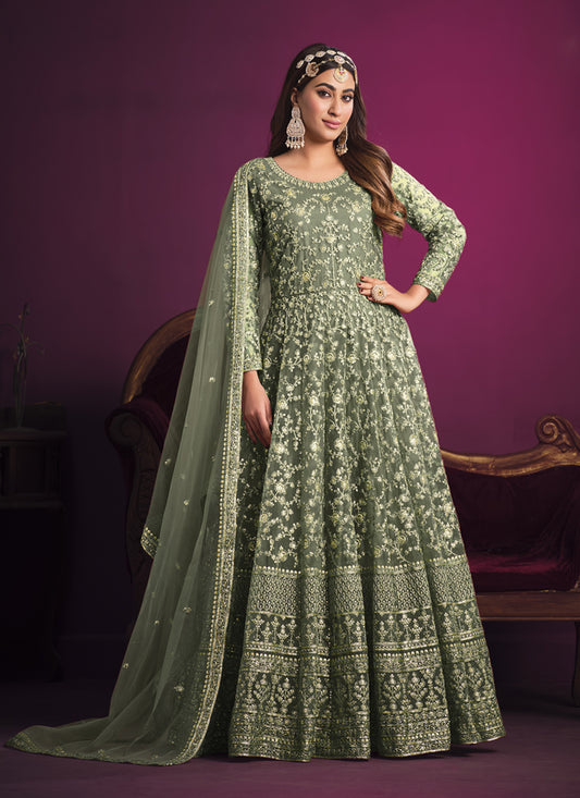 Sage Green Net Embroidered Designer Anarkali Dress