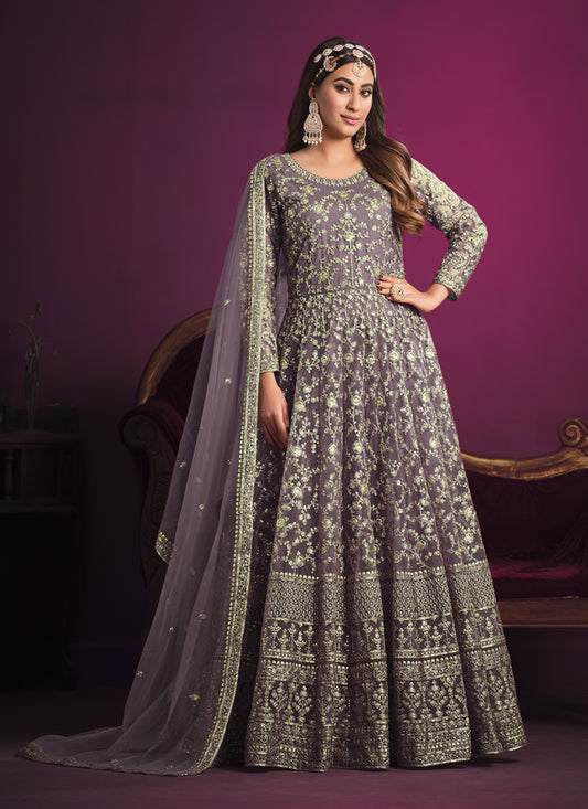 Mauve Net Embroidered Designer Anarkali Dress
