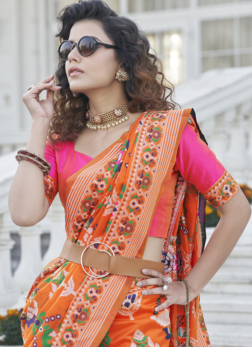 Tangy Orange Patola Silk Weaving and Printed Saree
