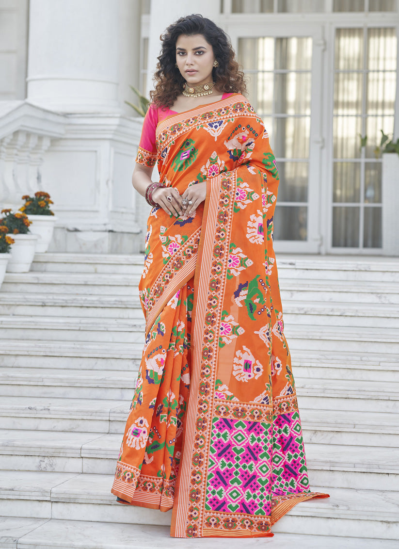 Tangy Orange Patola Silk Weaving and Printed Saree
