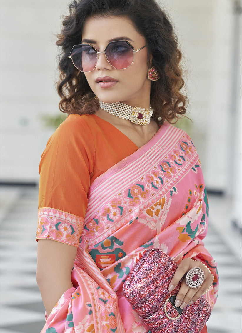 Carnation Pink Patola Silk Weaving and Printed Saree