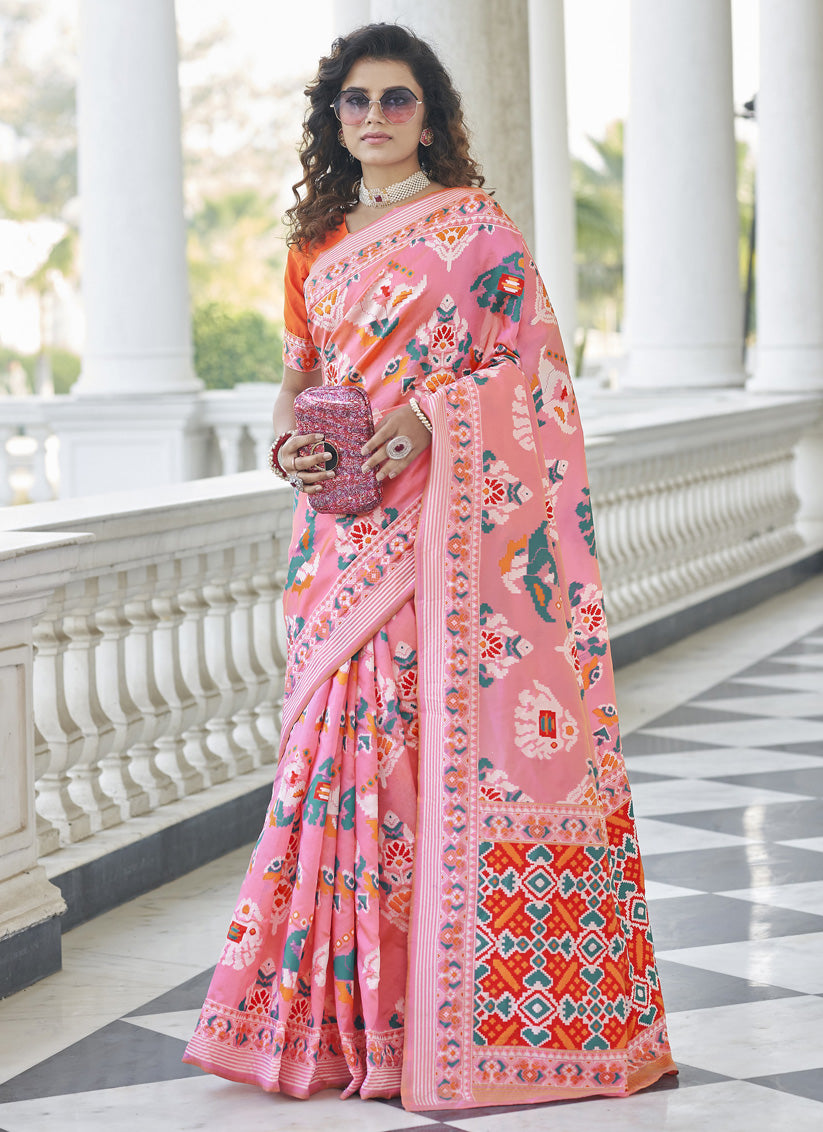 Carnation Pink Patola Silk Weaving and Printed Saree