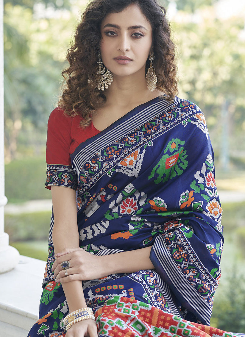 Indigo Blue Patola Silk Weaving and Printed Saree