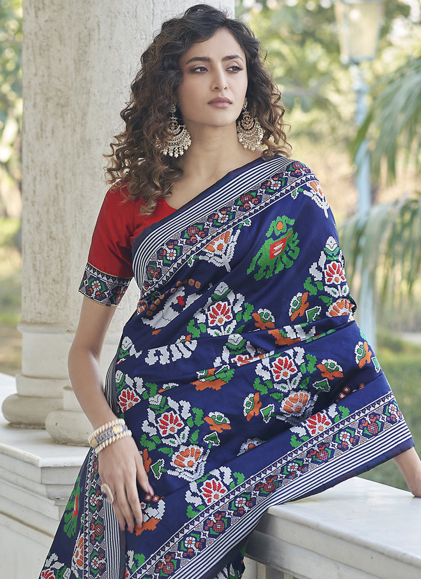 Indigo Blue Patola Silk Weaving and Printed Saree