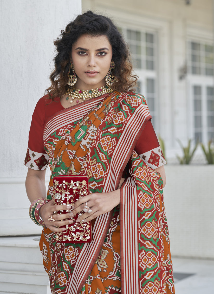 Rust Orange Patola Silk Weaving Saree