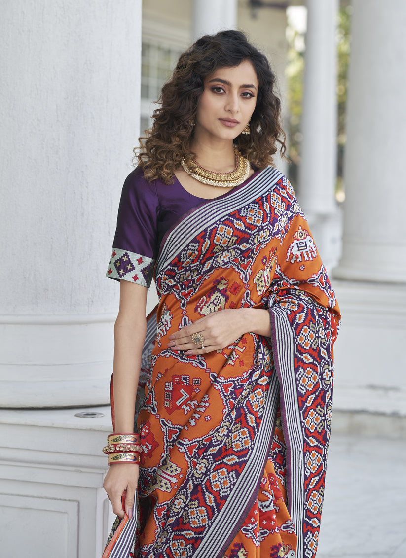 Tangerine Patola Silk Weaving Saree