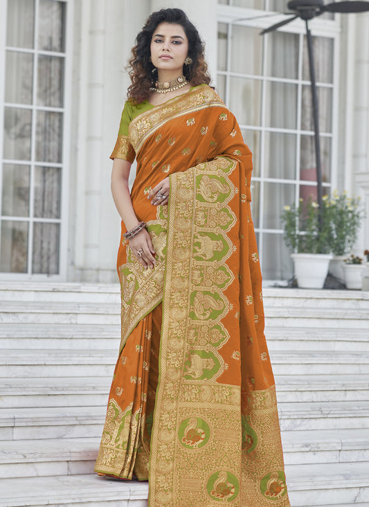 Rust Orange Banarasi Silk Zari Weaving Saree