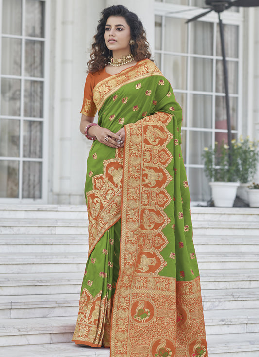 Lime Green Banarasi Silk Zari Weaving Saree