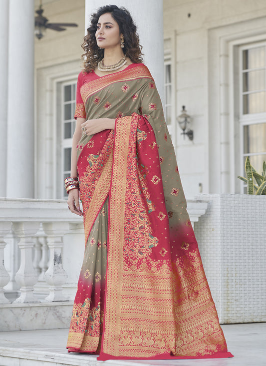 Grey and Gajari Banarasi Silk Zari Weaving Saree