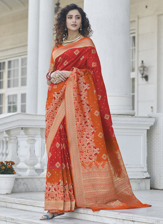 Hot Red and Rust Orange Banarasi Silk Zari Weaving Saree