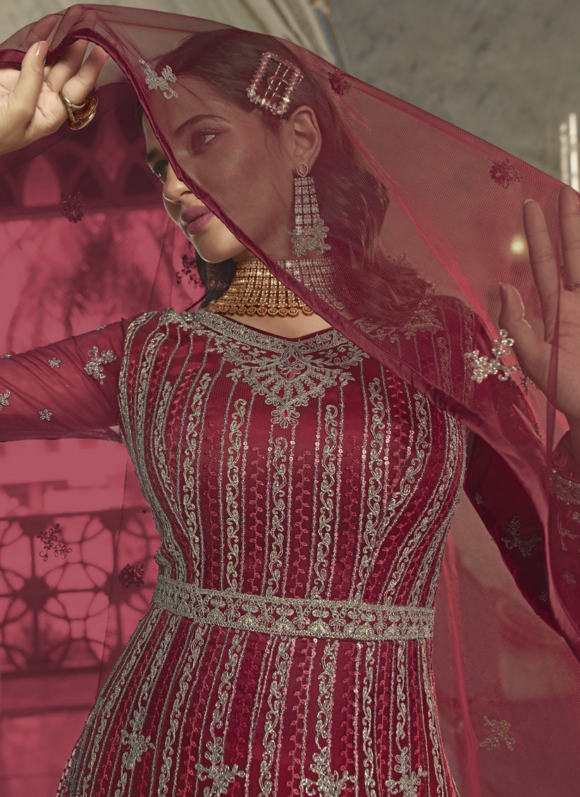 Maroon Net Embroidered Designer Anarkali Suit