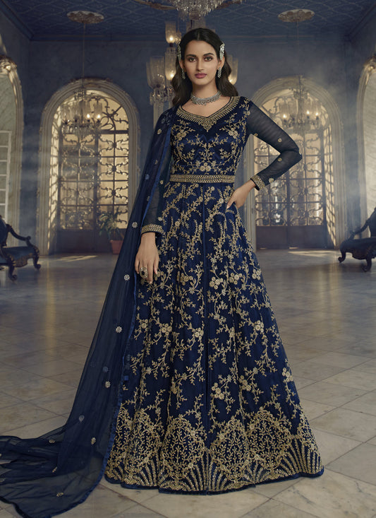 Navy Blue Net Embroidered Designer Ready Made Anarkali Suit