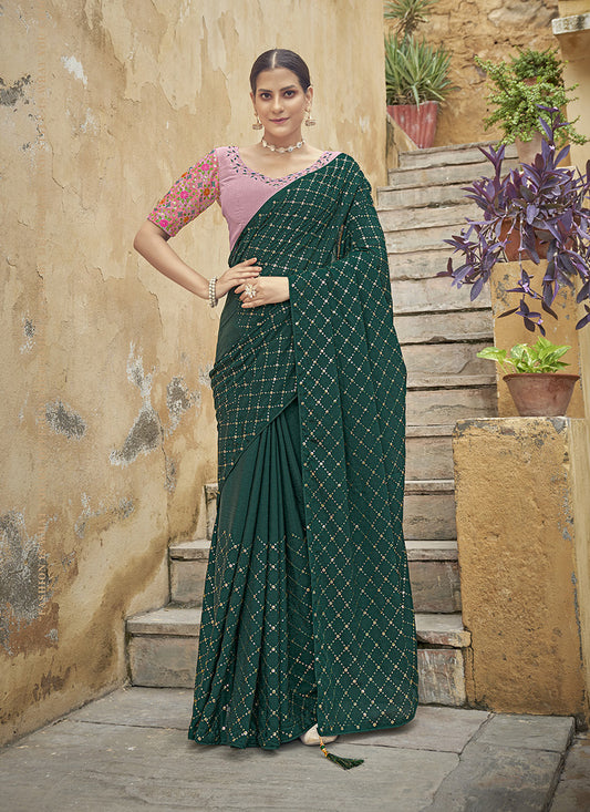 Pine Green Chinnon Sequins Saree