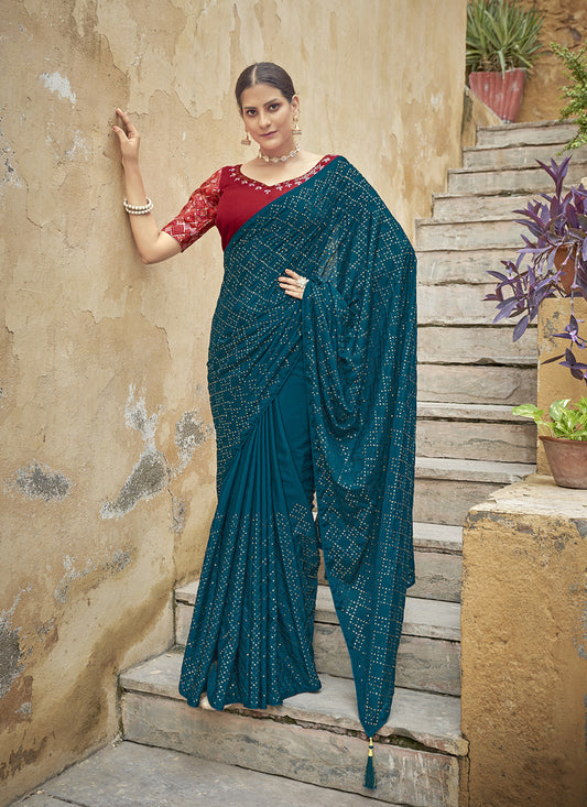 Peacock Blue Chinnon Sequins Saree