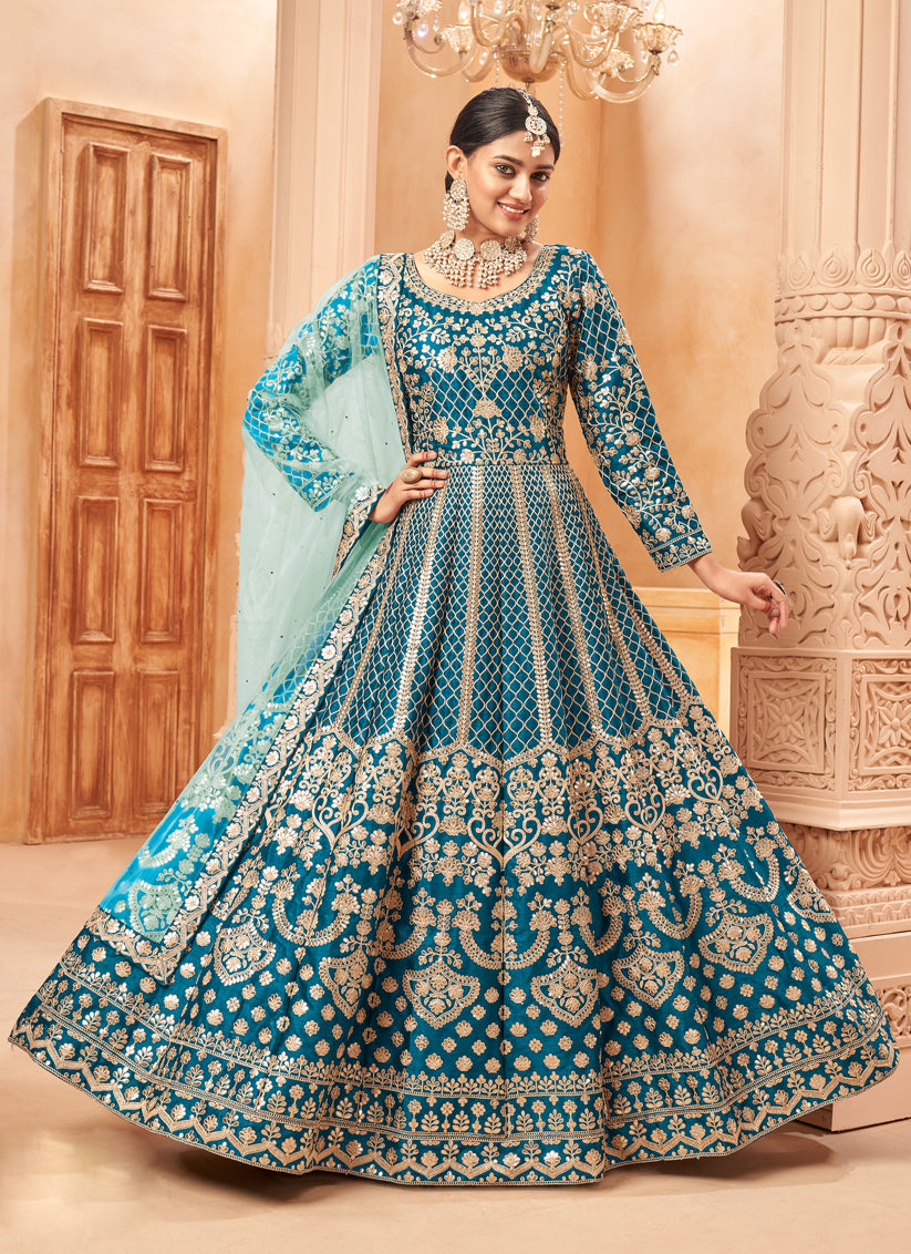 Peacock Blue Art Silk Embroidered Designer Anarkali Dress