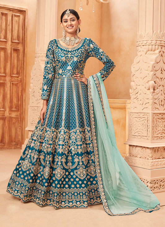 Peacock Blue Art Silk Embroidered Designer Anarkali Dress