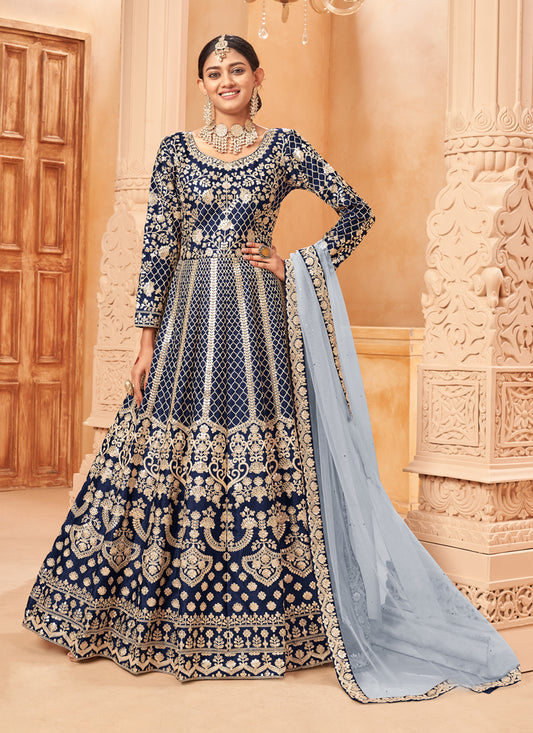 Midnight Blue Art Silk Embroidered Designer Anarkali Dress