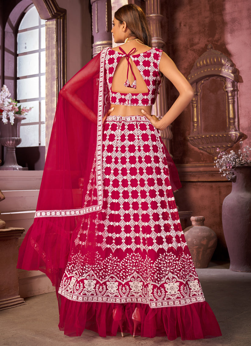 Strawberry Pink Net Embroidered Designer Lehenga Choli