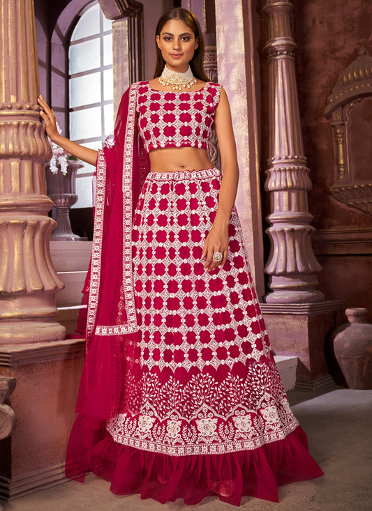 Strawberry Pink Net Embroidered Designer Lehenga Choli