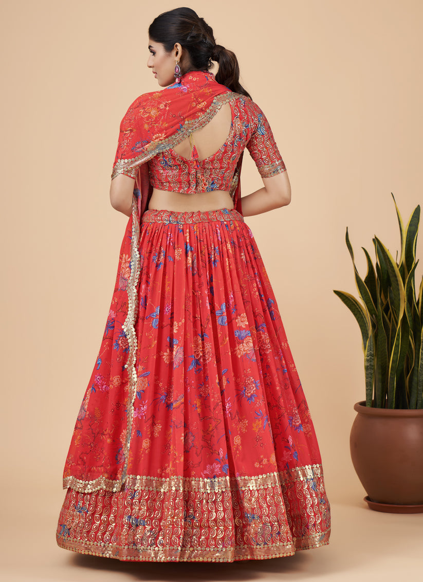 Tomato Red Faux Georgette Embroidered Designer Lehenga Choli