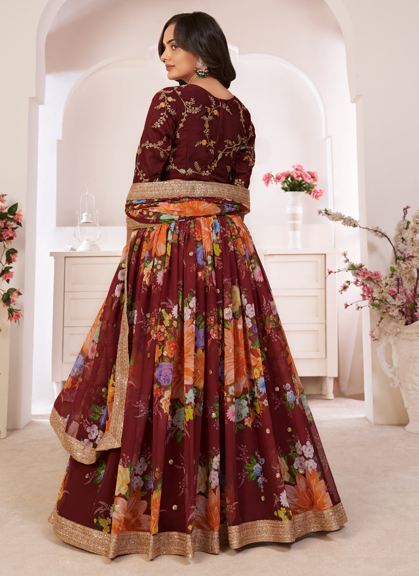 Garnet Brown Georgette Printed Lehenga Choli