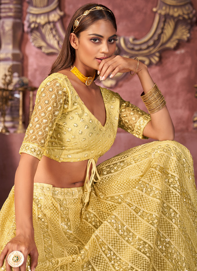 Yellow Net Embroidered Designer Lehenga Choli