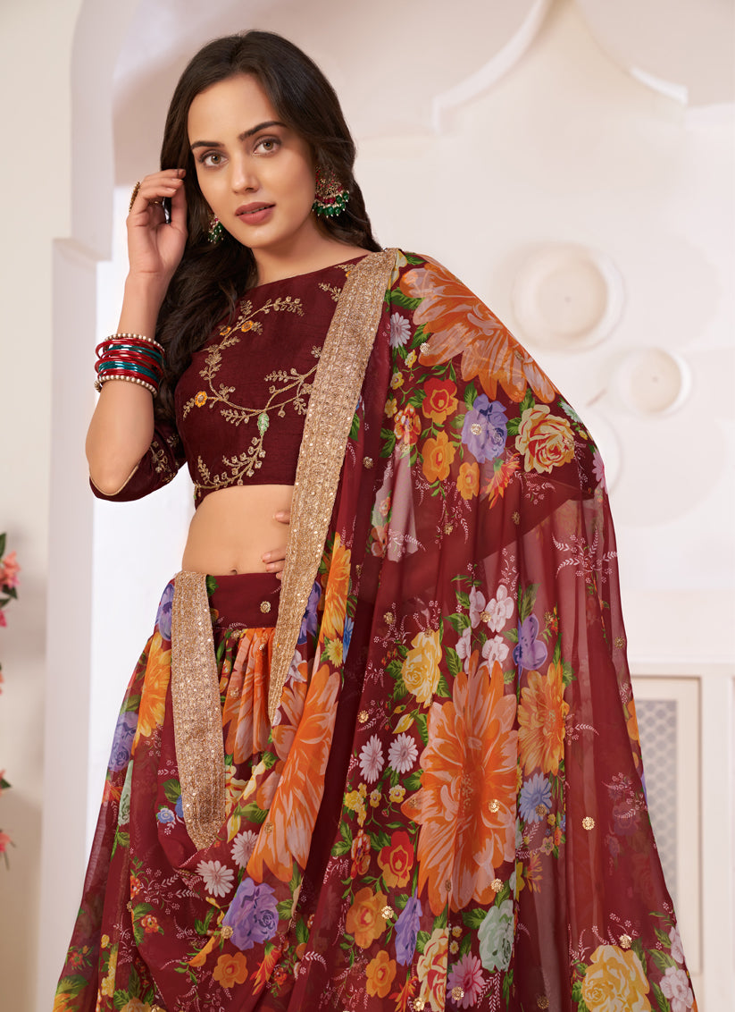 Garnet Brown Georgette Printed Lehenga Choli