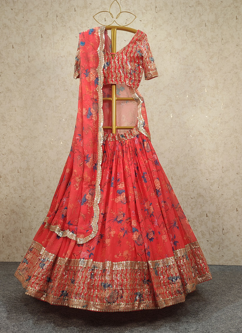 Tomato Red Faux Georgette Embroidered Designer Lehenga Choli