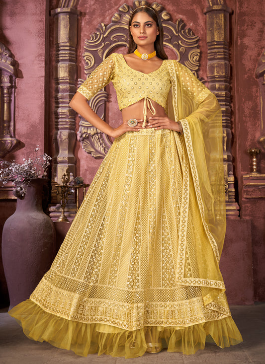 Yellow Net Embroidered Designer Lehenga Choli