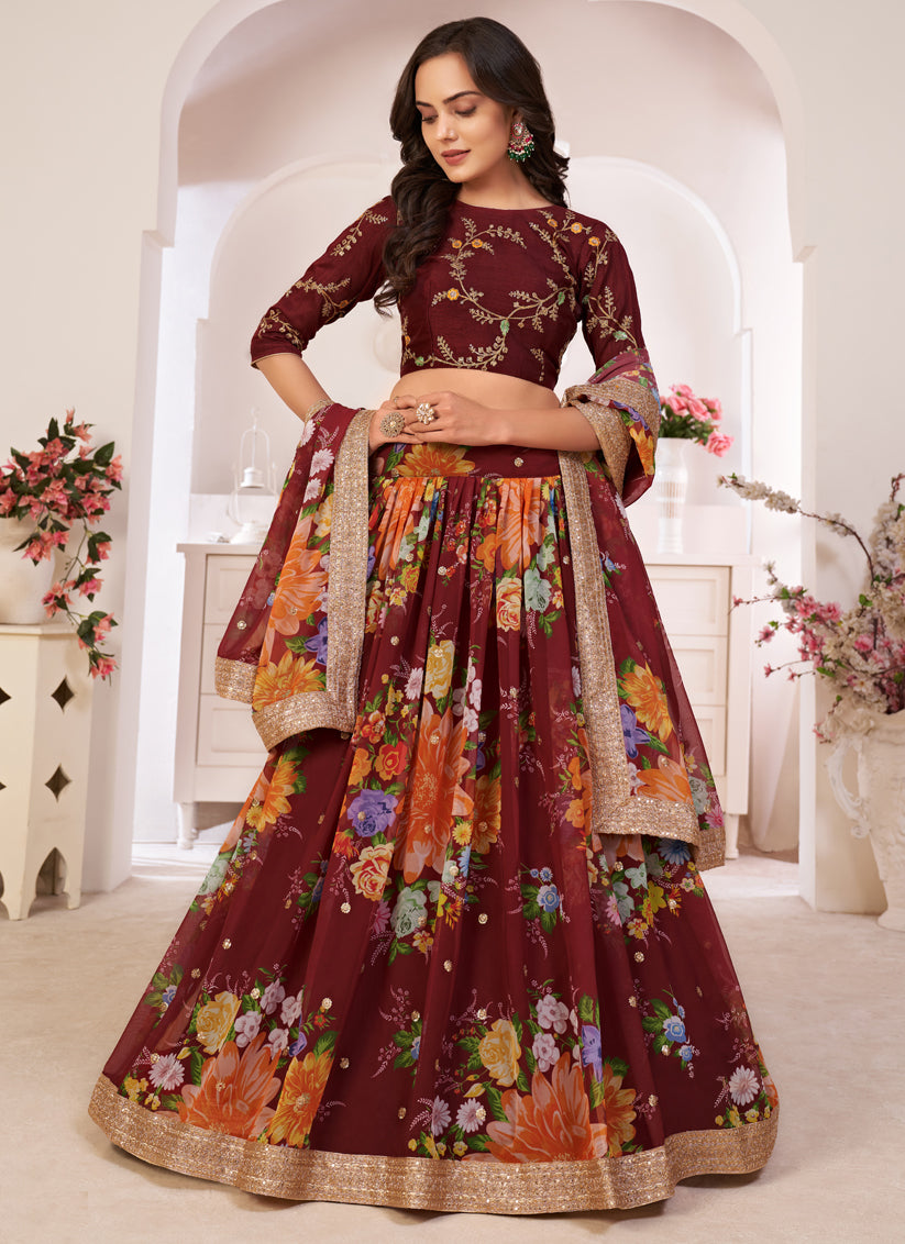 Garnet Brown Georgette Printed Lehenga Choli