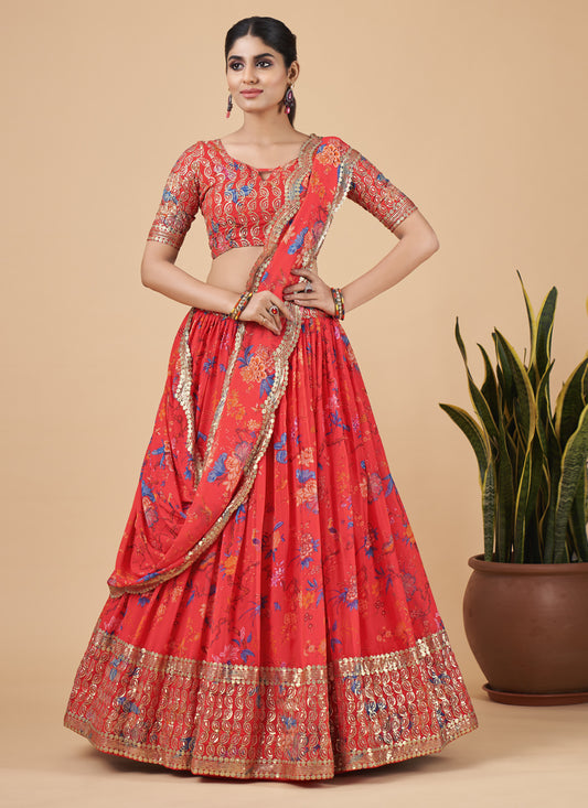 Tomato Red Faux Georgette Embroidered Designer Lehenga Choli