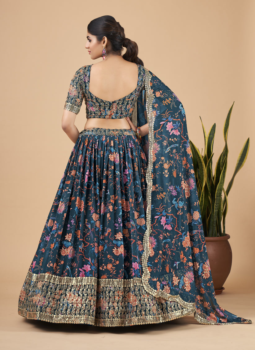 Peacock Blue Faux Georgette Embroidered Designer Lehenga Choli