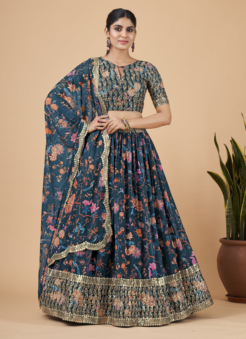 Peacock Blue Faux Georgette Embroidered Designer Lehenga Choli