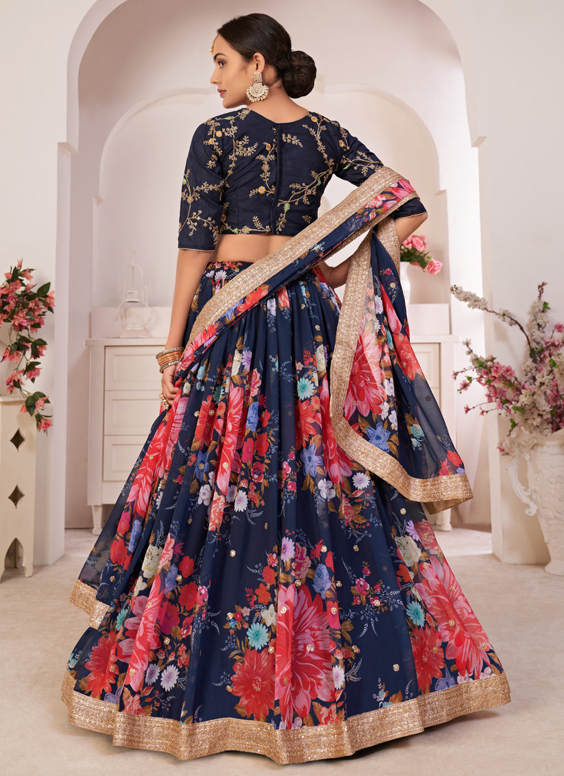 Navy Blue Georgette Printed Lehenga Choli