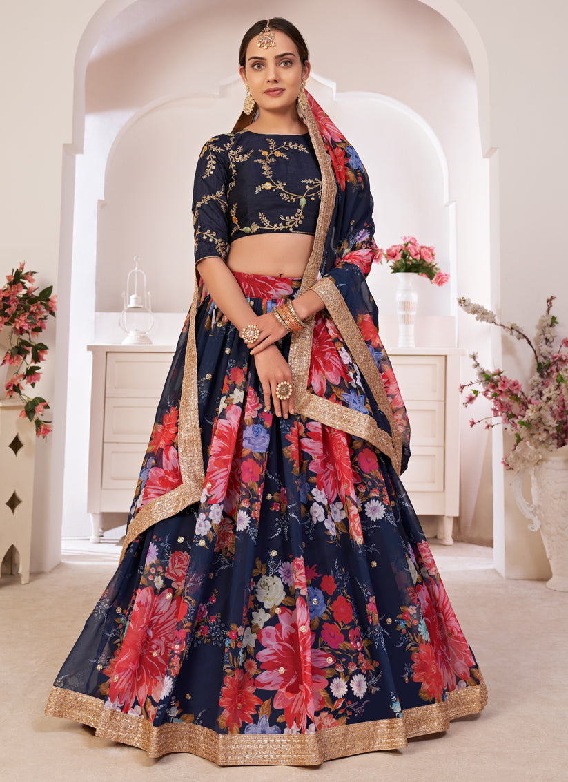 Navy Blue Georgette Printed Lehenga Choli