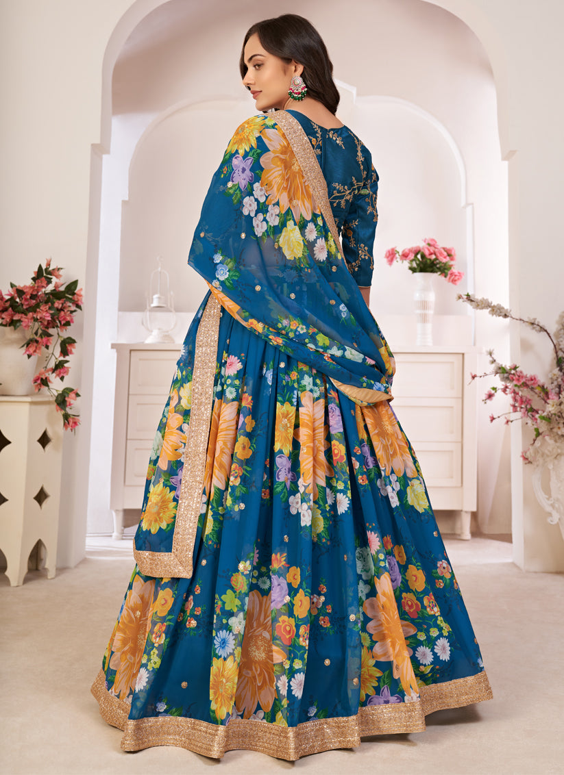 Cobalt Blue Georgette Printed Lehenga Choli