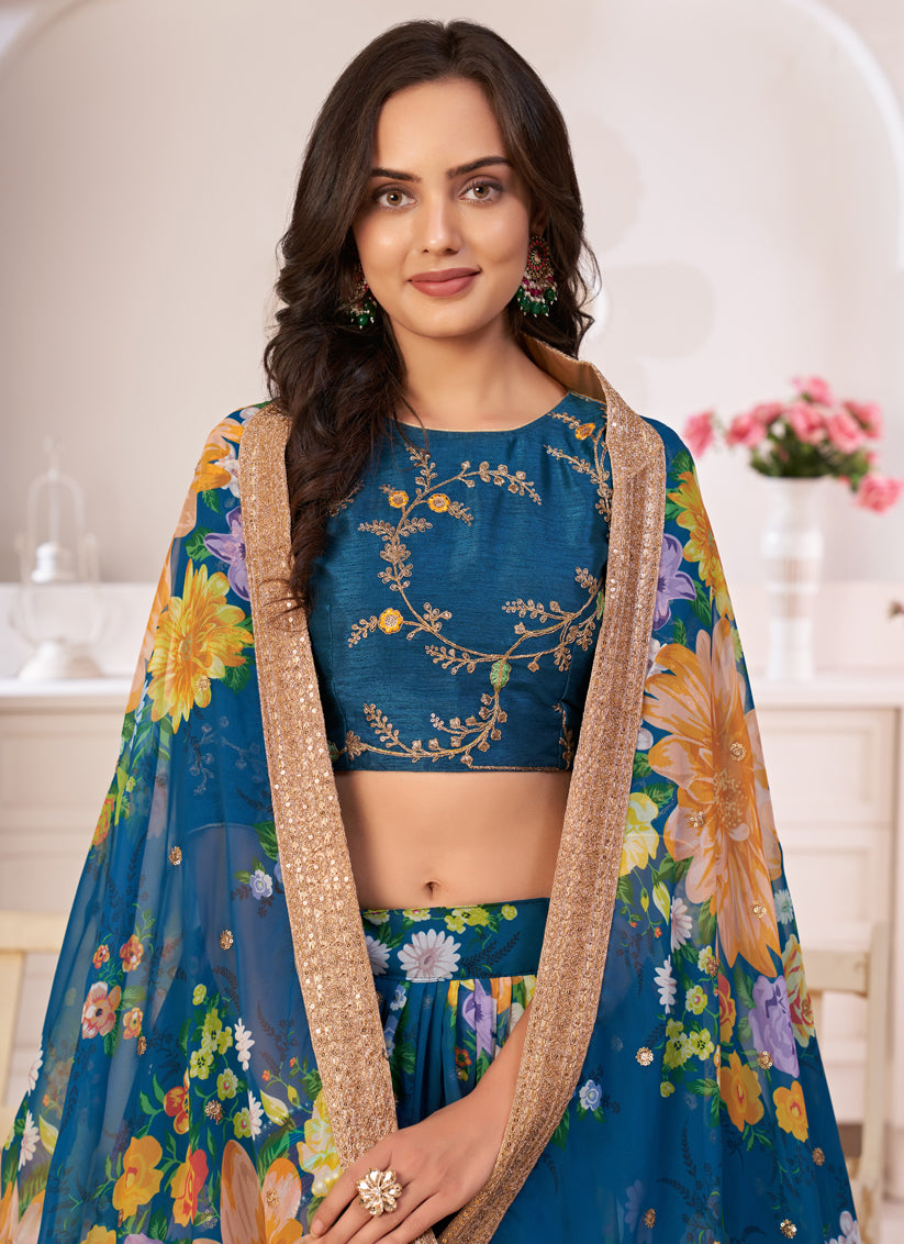 Cobalt Blue Georgette Printed Lehenga Choli