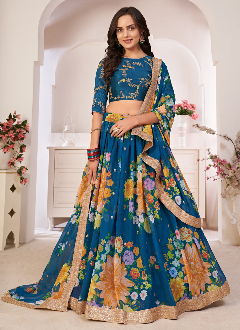 Cobalt Blue Georgette Printed Lehenga Choli