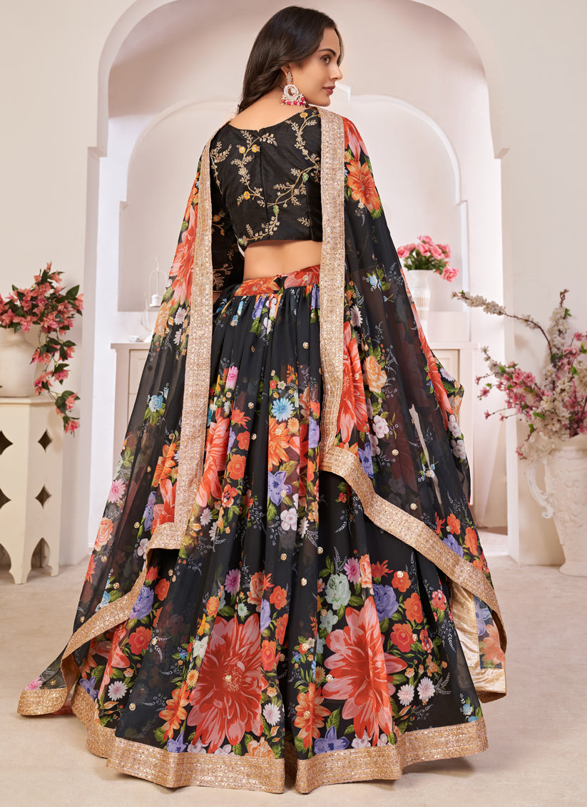 Black Georgette Printed Lehenga Choli